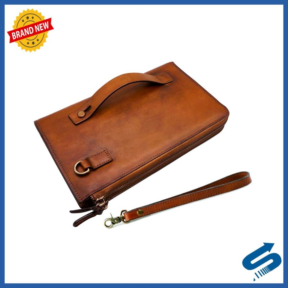 Genuine Leather Men's Wristlet Clutch Wallet with 11 Compartments